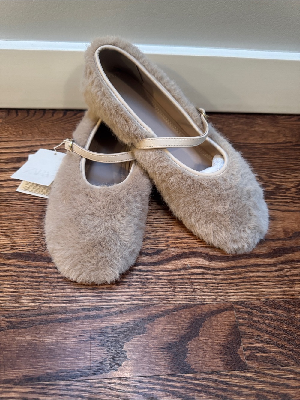 Zara Taupe Faux-Fur Mary Jane Flats with Ankle Strap